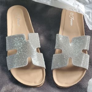 Trendy rhinestone slides sandals silver slides